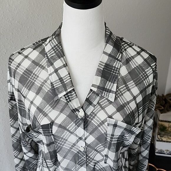 Free People Easy Rider Plaid Sheer Button Down Shirt, Gray and White - Picture 4 of 15